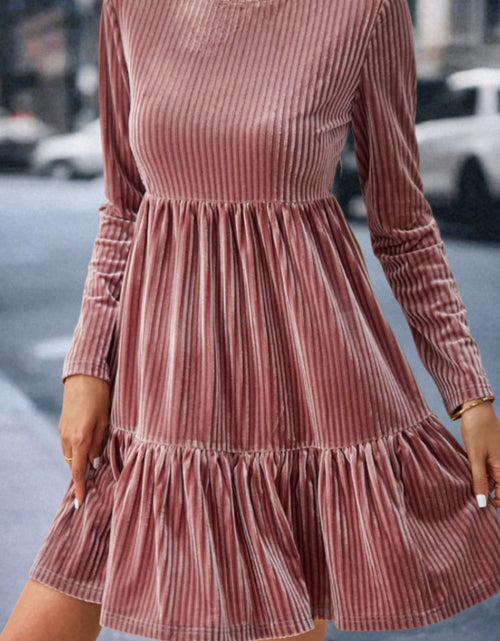 Load image into Gallery viewer, Ruffle Hem Round Neck Long Sleeve Dress
