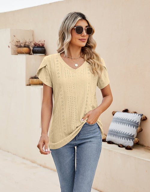 Load image into Gallery viewer, Eyelet Petal Sleeve V-Neck Knit Top
