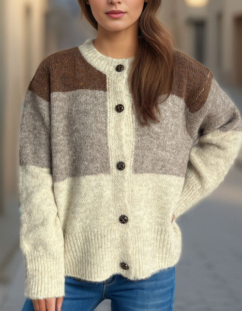 Load image into Gallery viewer, Color Block Round Neck Button Up Cardigan

