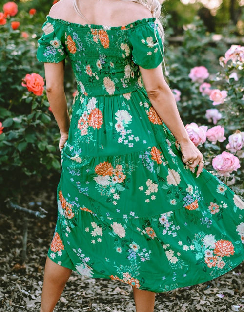 Load image into Gallery viewer, Floral Print Bubble Sleeve Smocked Tiered Midi Dress
