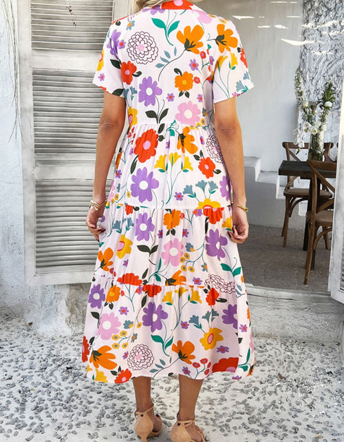 Load image into Gallery viewer, Devine Printed Johnny Collar Button Down Short Sleeve Midi Shirt Dress
