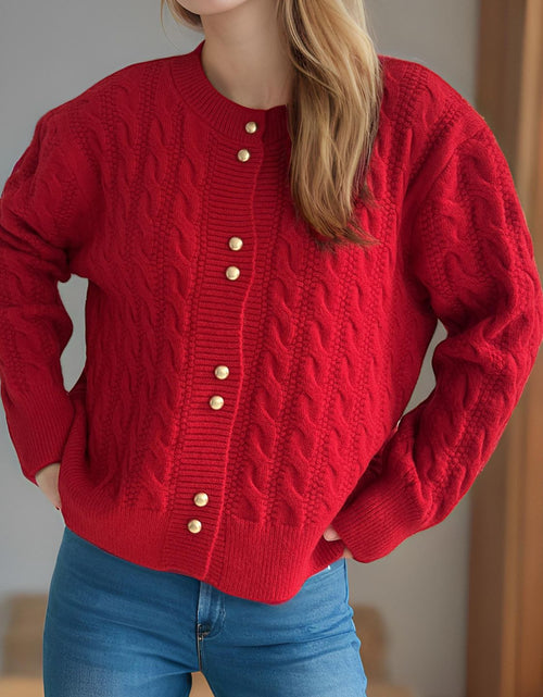 Load image into Gallery viewer, Cable-Knit Round Neck Long Sleeve Cardigan

