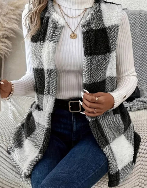 Load image into Gallery viewer, Sherpa Plaid Open Front Vest Coat
