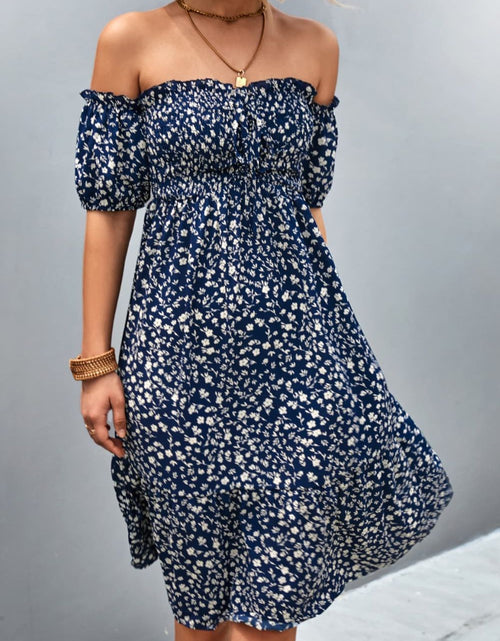 Load image into Gallery viewer, Ditsy Floral Smocked Frill Trim Off-Shoulder Dress
