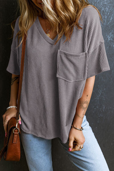 Load image into Gallery viewer, Textured V-Neck Dropped Shoulder T-Shirt
