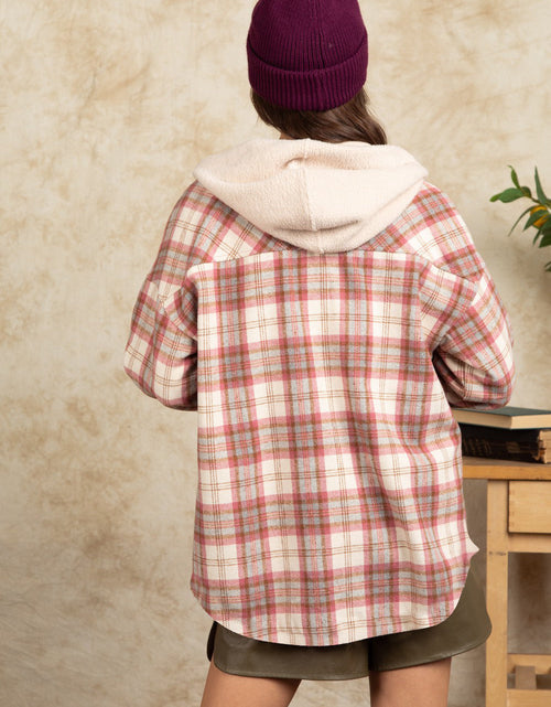 Load image into Gallery viewer, Drawstring Plaid Long Sleeve Hooded Jacket
