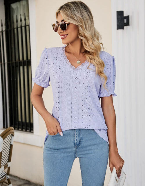 Load image into Gallery viewer, Eyelet Flounce Sleeve Scalloped V-Neck Top
