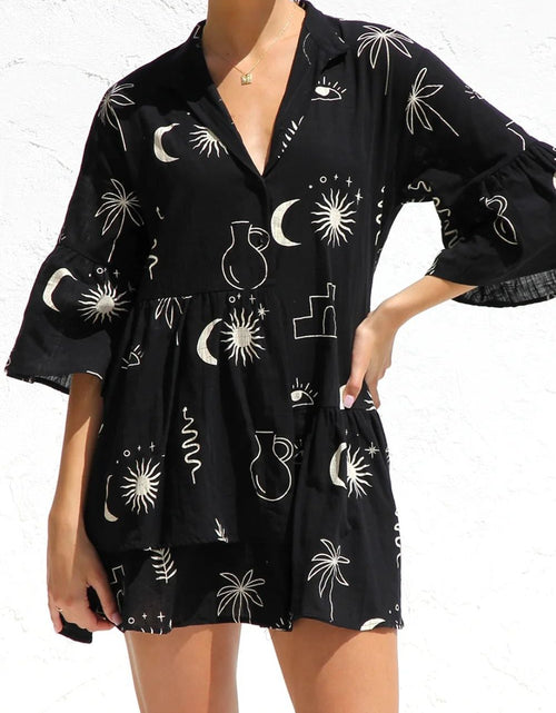 Load image into Gallery viewer, Ruched Printed Three-Quarter Sleeve Mini Dress
