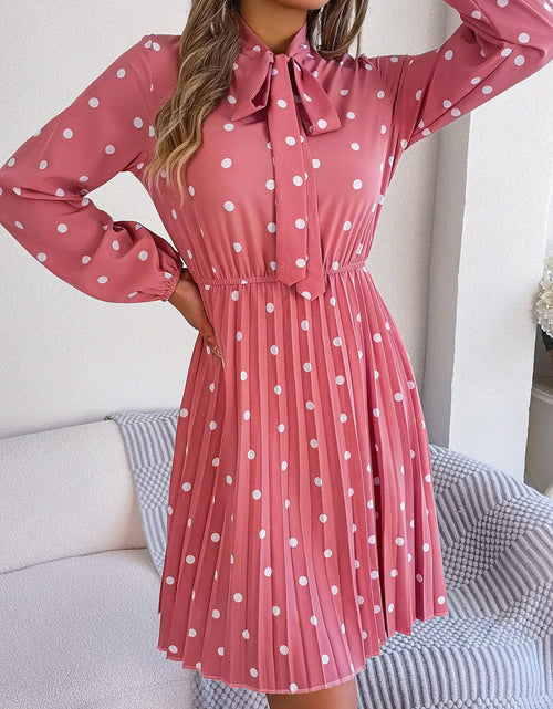 Load image into Gallery viewer, Polka Dot Tie Neck Pleated Dress
