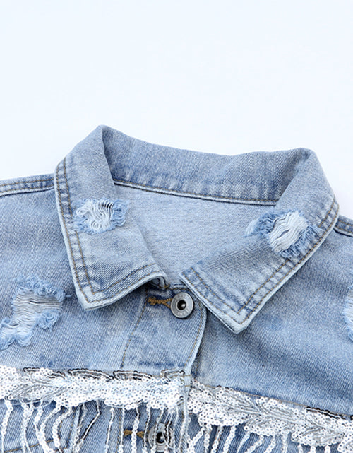 Load image into Gallery viewer, Sequin Fringe Trim Distressed Button Up Denim Jacket
