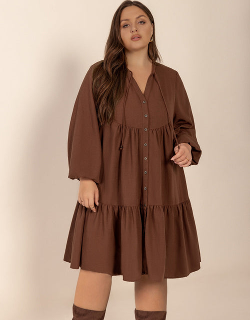 Load image into Gallery viewer, Plus Size Tie Neck Balloon Sleeve Tiered Dress

