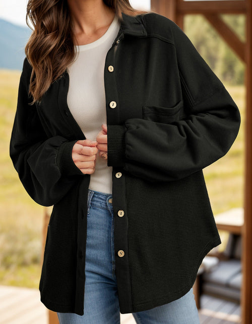 Load image into Gallery viewer, Waffle-Knit Collared Neck Long Sleeve Shacket
