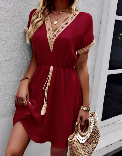 Load image into Gallery viewer, Devine Contrast Trim V-Neck Short Sleeve Mini Dress
