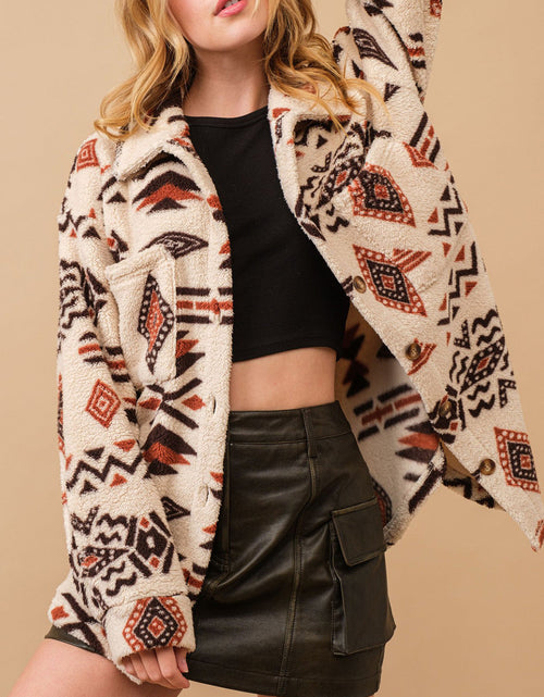 Load image into Gallery viewer, Geometric Button Up Long Sleeve Sherpa Jacket
