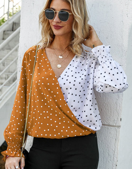 Load image into Gallery viewer, Ivy Lane Polka Dot Surplice Neck Lantern Sleeve Blouse
