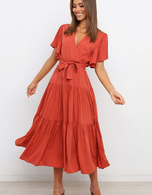 Load image into Gallery viewer, Tied Tiered Short Sleeve Midi Dress

