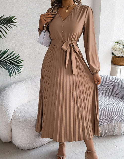 Load image into Gallery viewer, Pleated Tied V-Neck Long Sleeve Dress
