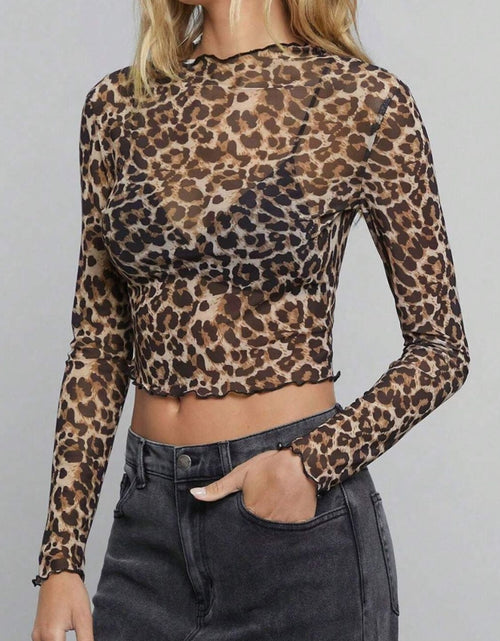 Load image into Gallery viewer, Leopard Mock Neck Long Sleeve Sheer Top
