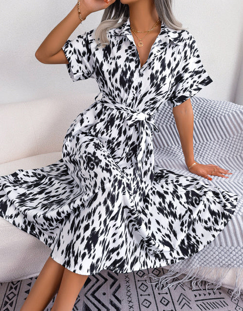 Load image into Gallery viewer, Printed Collared Neck Short Sleeve Tie Waist Dress

