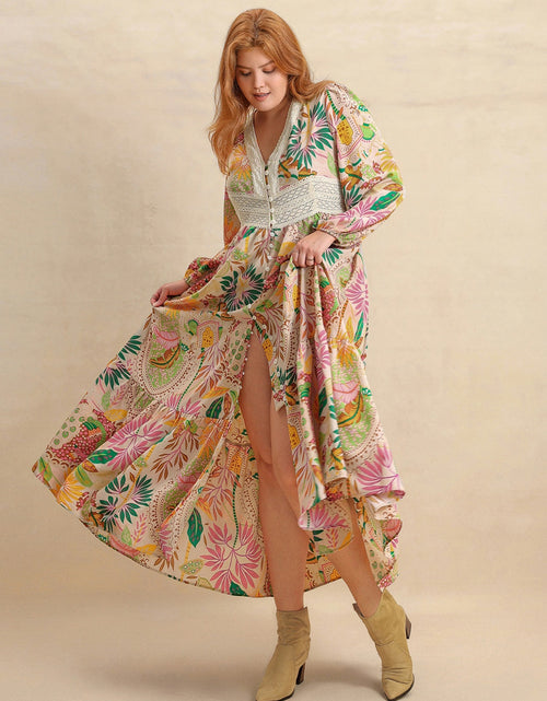 Load image into Gallery viewer, Plus Size Lace Detail Printed V-Neck Balloon Sleeve Dress
