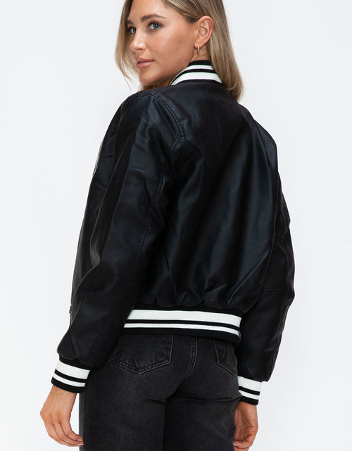 Load image into Gallery viewer, Love Me Now PU Leather Contrast Snap Down Bomber Jacket
