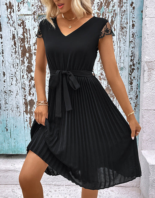 Load image into Gallery viewer, Perfee V-Neck Tie Belt Pleated Dress
