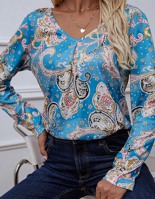 Load image into Gallery viewer, Shiny Printed V-Neck Long Sleeve Blouse
