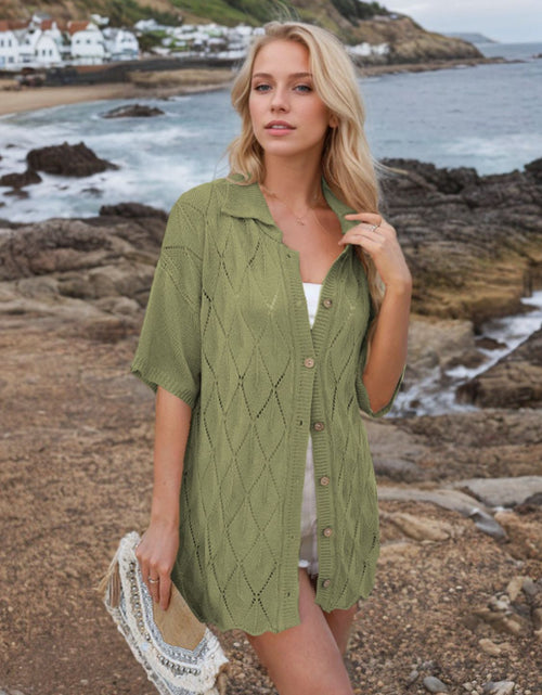Load image into Gallery viewer, Button Down Eyelet Collared Neck Knit Shirt
