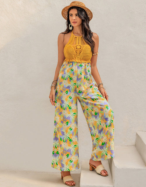 Load image into Gallery viewer, Openwork Halter Neck Floral Wide Leg Jumpsuit
