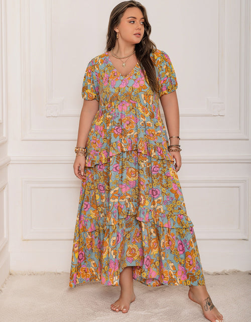 Load image into Gallery viewer, Plus Size Printed V-Neck Short Sleeve Maxi Dress
