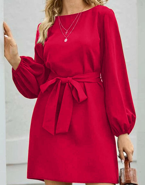 Load image into Gallery viewer, Tied Boat Neck Balloon Sleeve Mini Dress
