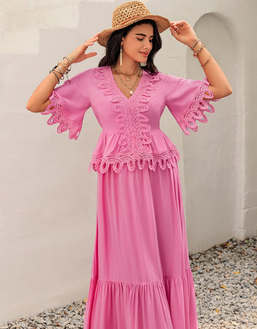 Load image into Gallery viewer, Lace Detail V-Neck Half Sleeve Midi Dress
