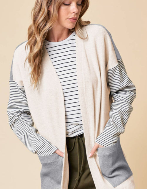 Load image into Gallery viewer, Open Front Long Sleeve Striped Cardigan with Pockets
