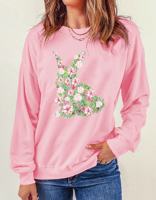 Load image into Gallery viewer, Floral Bunny Round Neck Long Sleeve Sweatshirt
