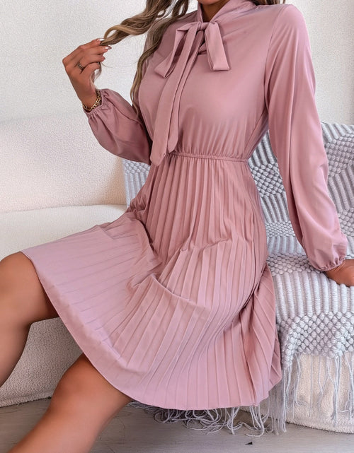 Load image into Gallery viewer, Tie Neck Balloon Sleeve Pleated Dress
