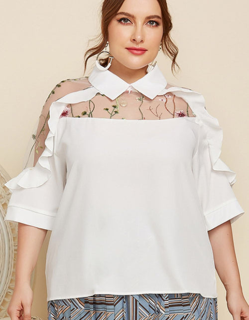 Load image into Gallery viewer, Plus Size Embroidered Ruffle Trim Collared Half Sleeve Blouse
