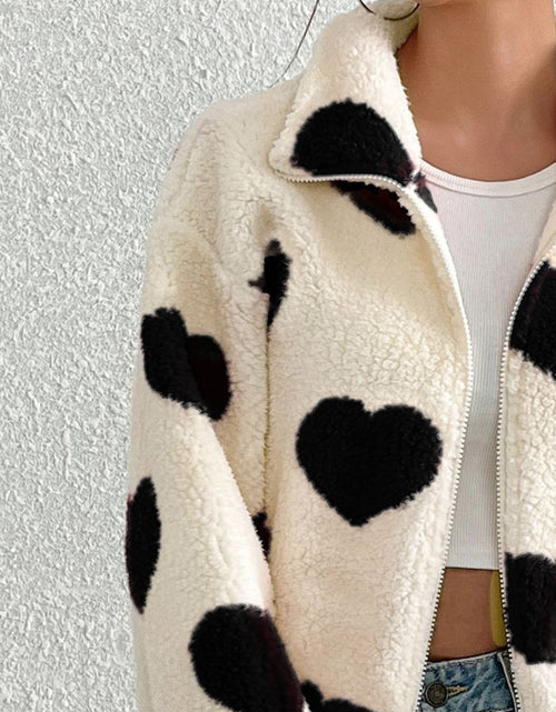 Load image into Gallery viewer, Heart Zip Up Drop Shoulder Furry Jacket
