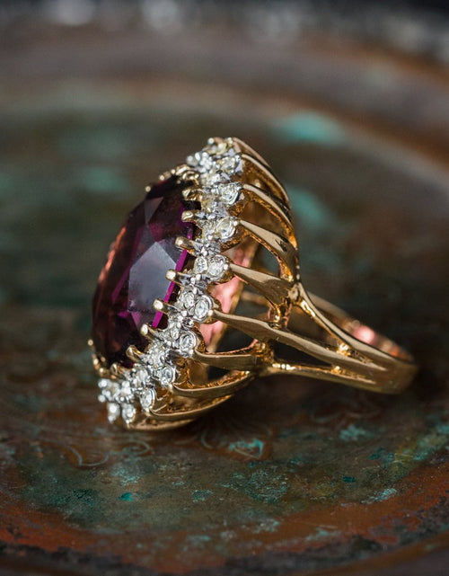 Load image into Gallery viewer, Vintage Amethyst and Clear Austrian Crystal Cocktail Ring 18k Yellow Gold Electroplated Made in USA by PVD Vintage Jewelry
