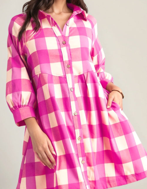 Load image into Gallery viewer, Ruched Plaid Three-Quarter Sleeve Shirt Dress
