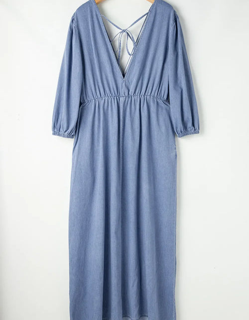 Load image into Gallery viewer, Tied Plunge Three-Quarter Sleeve Denim Dress
