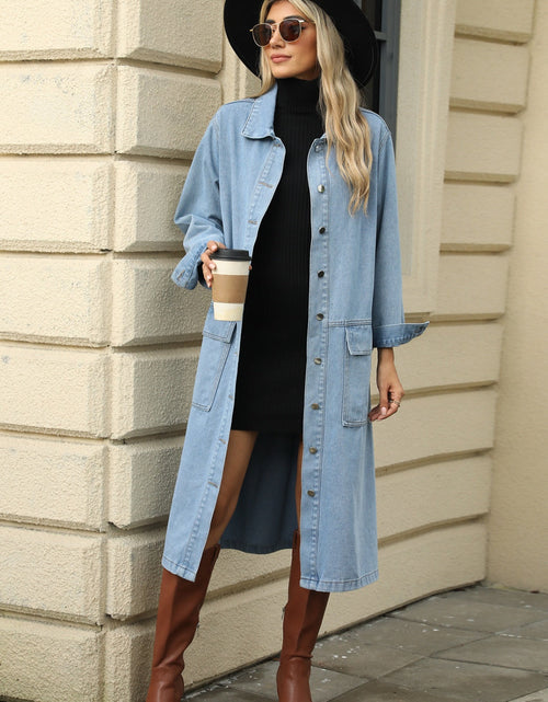 Load image into Gallery viewer, Pocketed Button Down Collared Neck Denim Jacket
