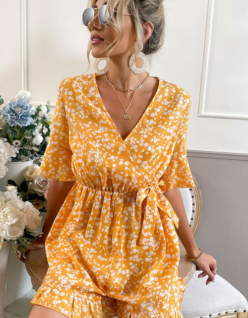 Load image into Gallery viewer, Shiny Printed Surplice Neck Ruffled Romper
