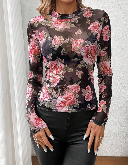Load image into Gallery viewer, Mesh Floral Mock Neck Long Sleeve Top
