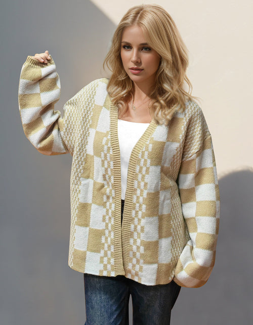 Load image into Gallery viewer, Double Take Checkered Open Front Dropped Shoulder Cardigan
