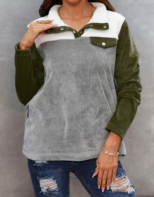 Load image into Gallery viewer, Shiny Color Block Collared Sweatshirt with Pockets
