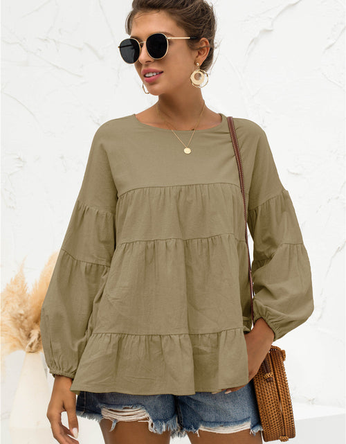 Load image into Gallery viewer, Round Neck Bubble Sleeve Tiered Blouse
