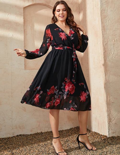 Load image into Gallery viewer, Honey Plus Size Floral Surplice Neck Tie Waist Dress
