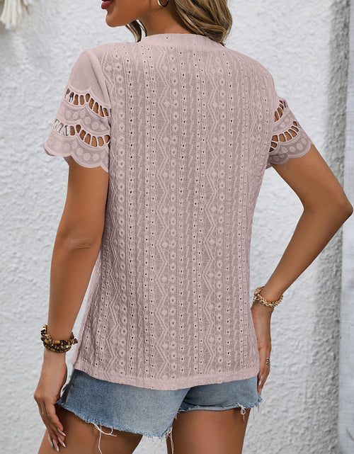 Load image into Gallery viewer, Full Size Eyelet Round Neck Short Sleeve Top
