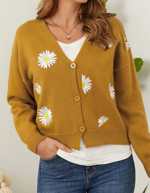 Load image into Gallery viewer, Flower Button Front Dropped Shoulder Cardigan
