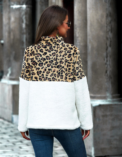 Load image into Gallery viewer, Leopard Color Block Half-Zip Collar Teddy Sweatshirt
